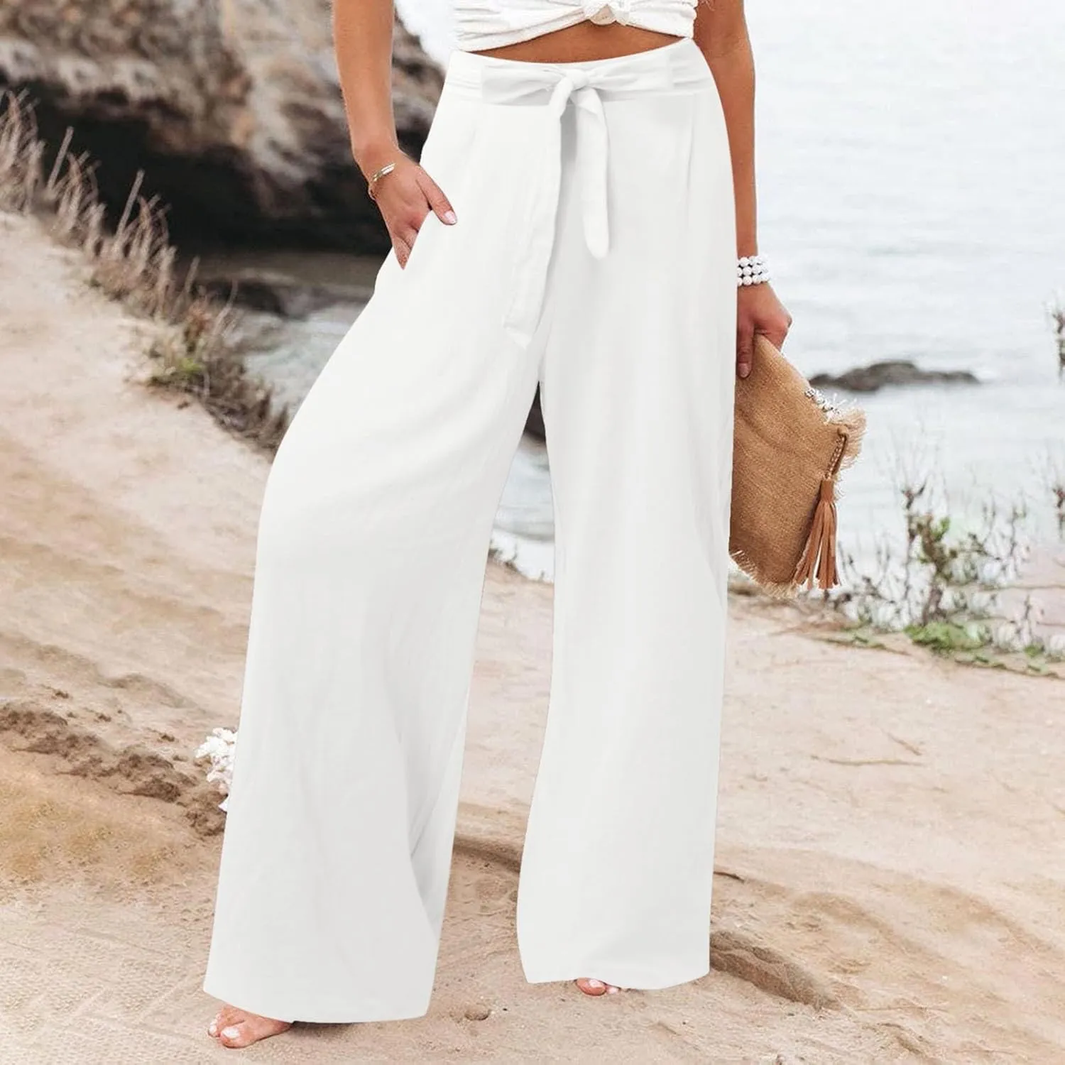 Womens Linen Summer Striped Pant Trousers Elastic Waist Wide Leg Slim-Fit Palazzo Lounge Pants Trendy