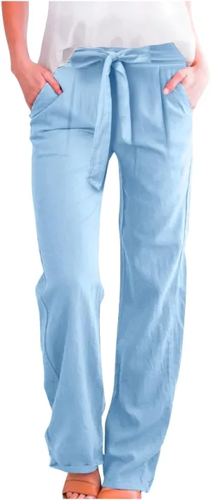 Womens Linen Summer Striped Pant Trousers Elastic Waist Wide Leg Slim-Fit Palazzo Lounge Pants Trendy