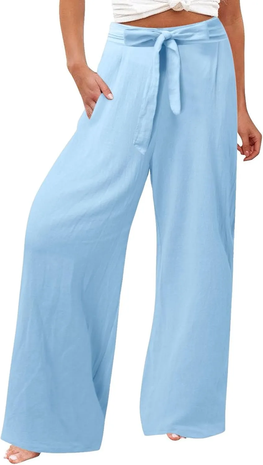 Womens Linen Summer Striped Pant Trousers Elastic Waist Wide Leg Slim-Fit Palazzo Lounge Pants Trendy