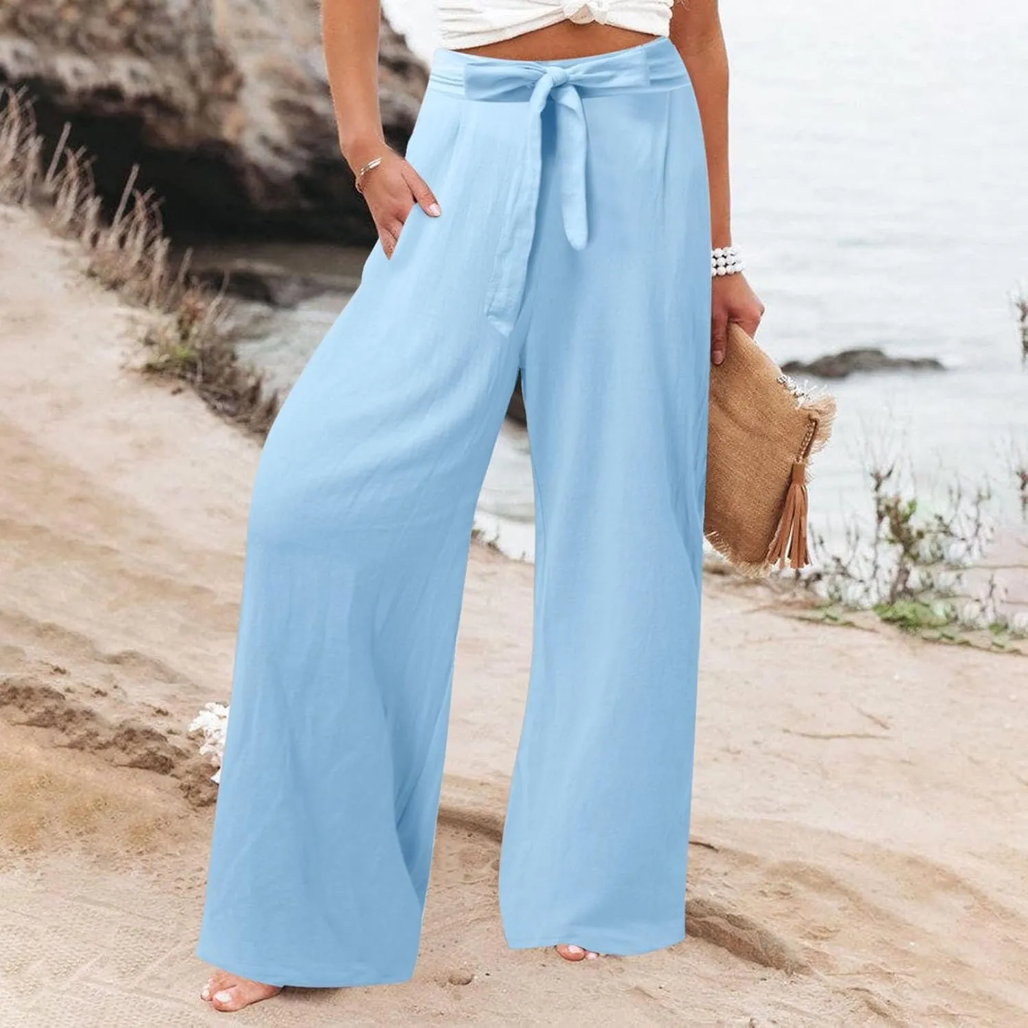 Womens Linen Summer Striped Pant Trousers Elastic Waist Wide Leg Slim-Fit Palazzo Lounge Pants Trendy