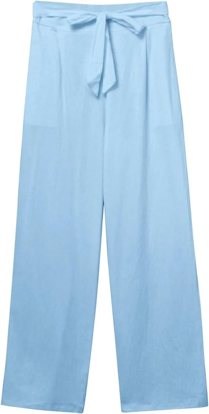 Womens Linen Summer Striped Pant Trousers Elastic Waist Wide Leg Slim-Fit Palazzo Lounge Pants Trendy