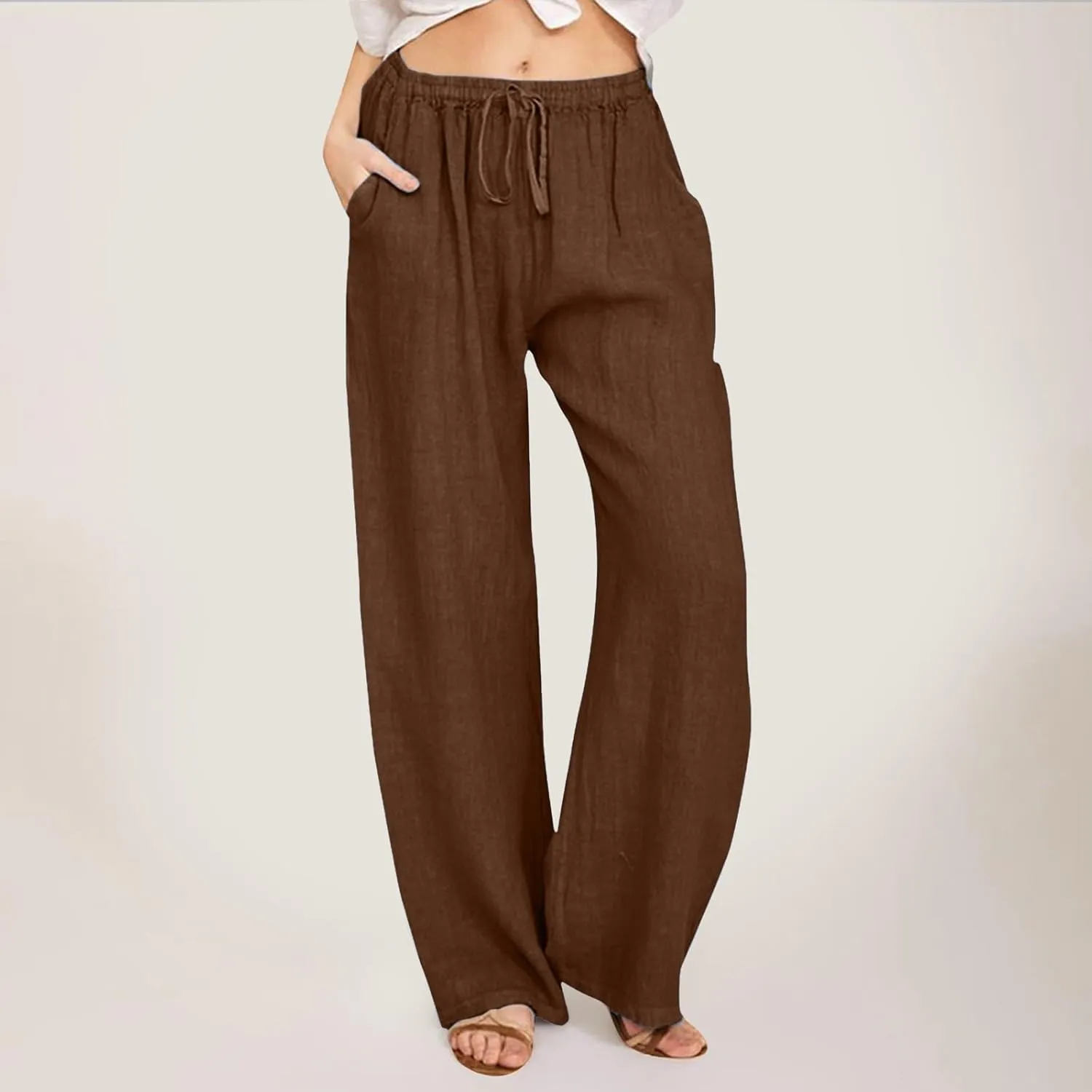 Womens Linen Summer Tie Knot Palazzo Pants Elastic Waisted Long Lounge Slim-Fit Palazzo Lounge Pants Office