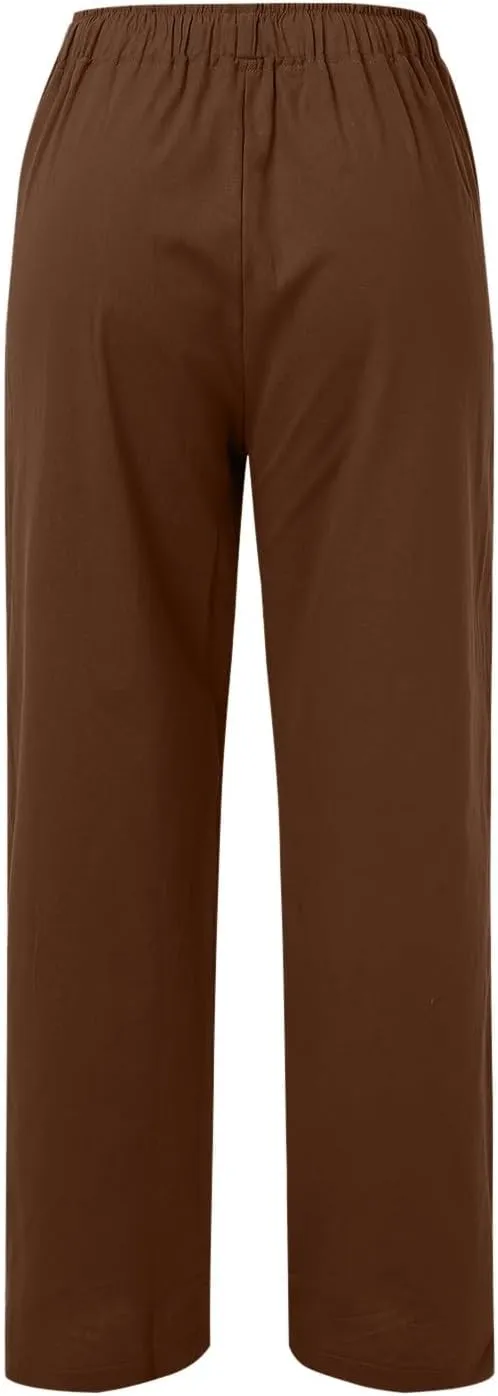 Womens Linen Summer Tie Knot Palazzo Pants Elastic Waisted Long Lounge Slim-Fit Palazzo Lounge Pants Office