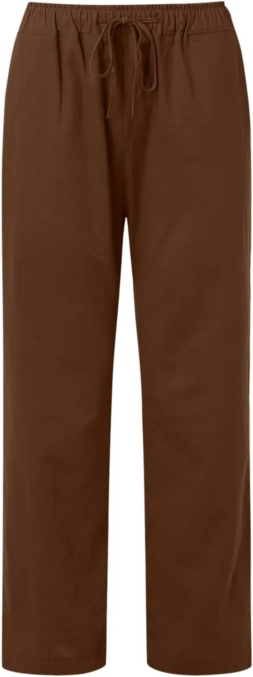 Womens Linen Summer Tie Knot Palazzo Pants Elastic Waisted Long Lounge Slim-Fit Palazzo Lounge Pants Office