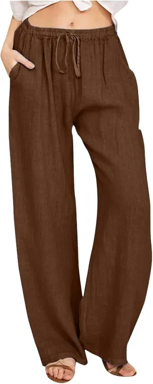 Womens Linen Summer Tie Knot Palazzo Pants Elastic Waisted Long Lounge Slim-Fit Palazzo Lounge Pants Office