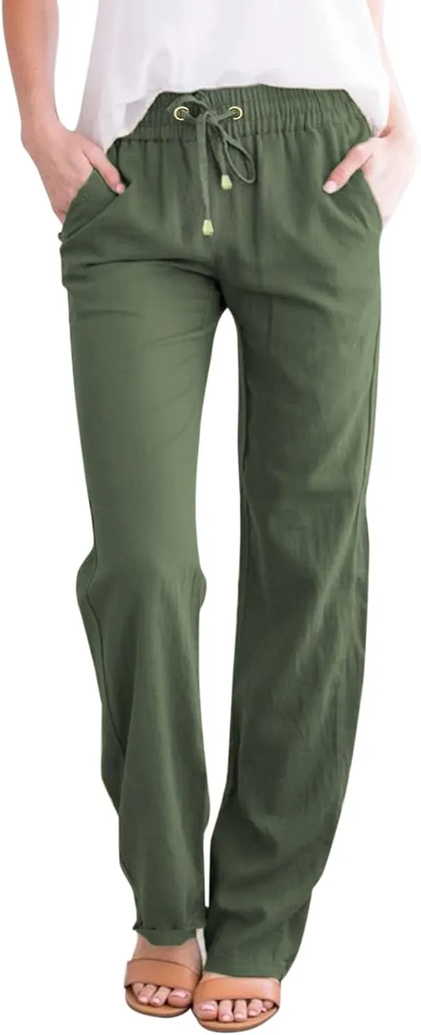 Women's Linen Summer Y2K Fashion Palazzo Pants Elastic Waisted Straight Plus Size Trouser Vacation
