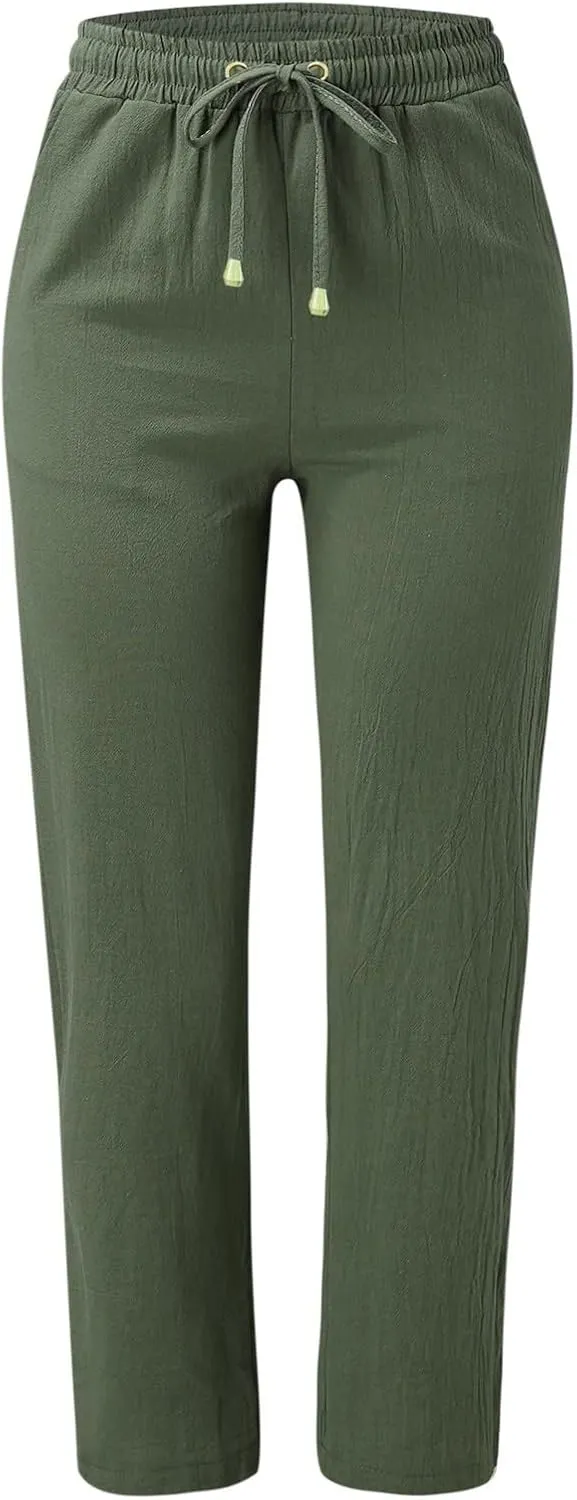 Women's Linen Summer Y2K Fashion Palazzo Pants Elastic Waisted Straight Plus Size Trouser Vacation