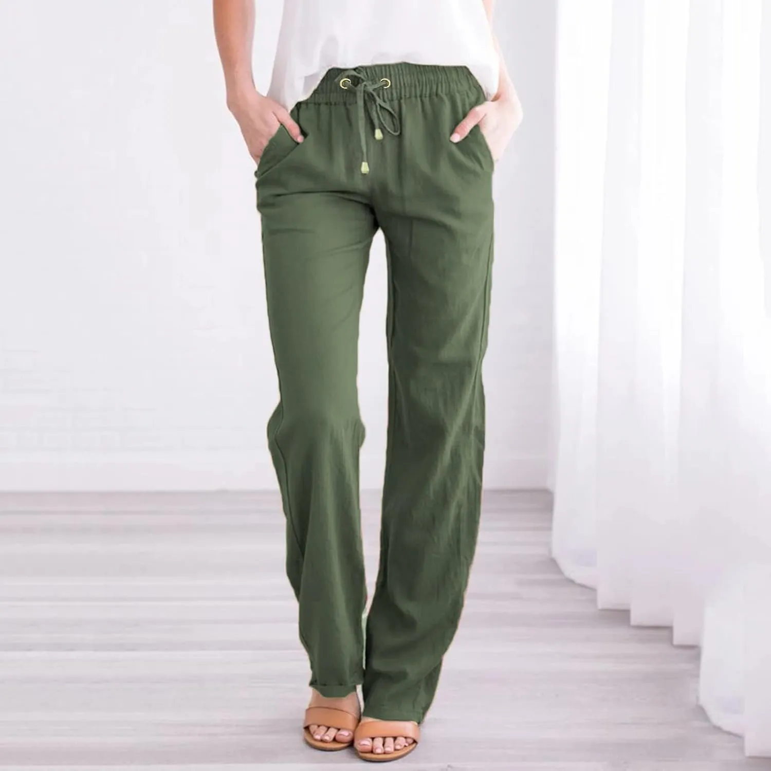 Women's Linen Summer Y2K Fashion Palazzo Pants Elastic Waisted Straight Plus Size Trouser Vacation