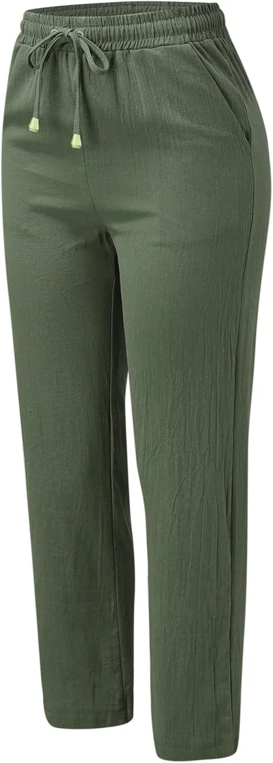 Women's Linen Summer Y2K Fashion Palazzo Pants Elastic Waisted Straight Plus Size Trouser Vacation