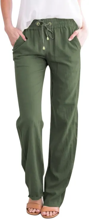 Women's Linen Summer Y2K Fashion Palazzo Pants Elastic Waisted Straight Plus Size Trouser Vacation