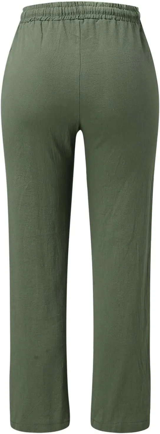 Women's Linen Summer Y2K Fashion Palazzo Pants Elastic Waisted Straight Plus Size Trouser Vacation