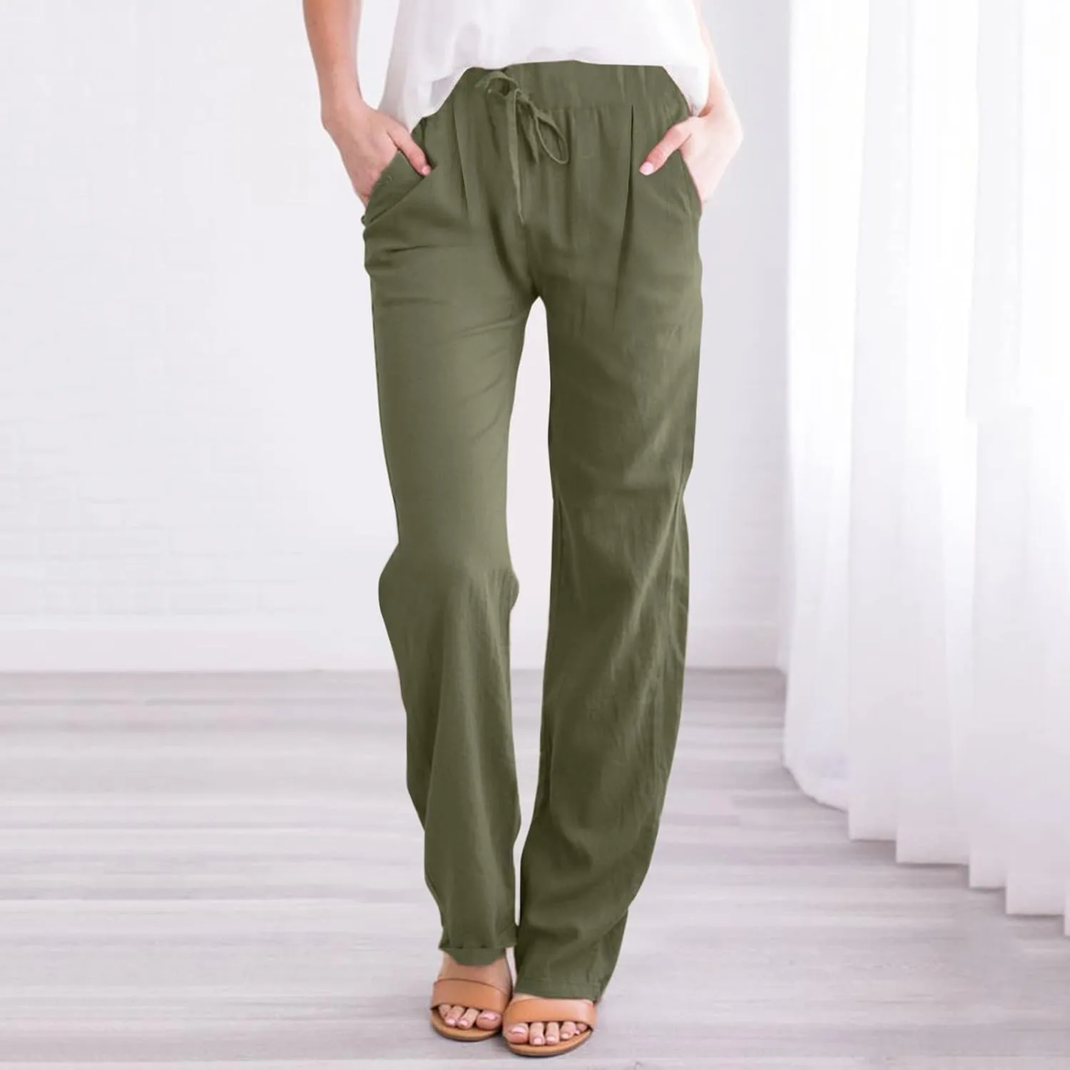 Womens Linen Summer Y2K Streetwear Palazzo Lounge Pants Low Waist Baggy Stretchy Loose Fit Trouser Business Work