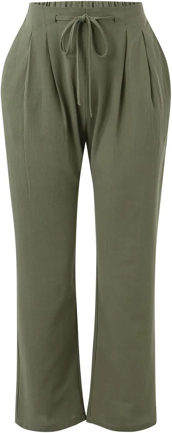 Womens Linen Summer Y2K Streetwear Palazzo Lounge Pants Low Waist Baggy Stretchy Loose Fit Trouser Business Work