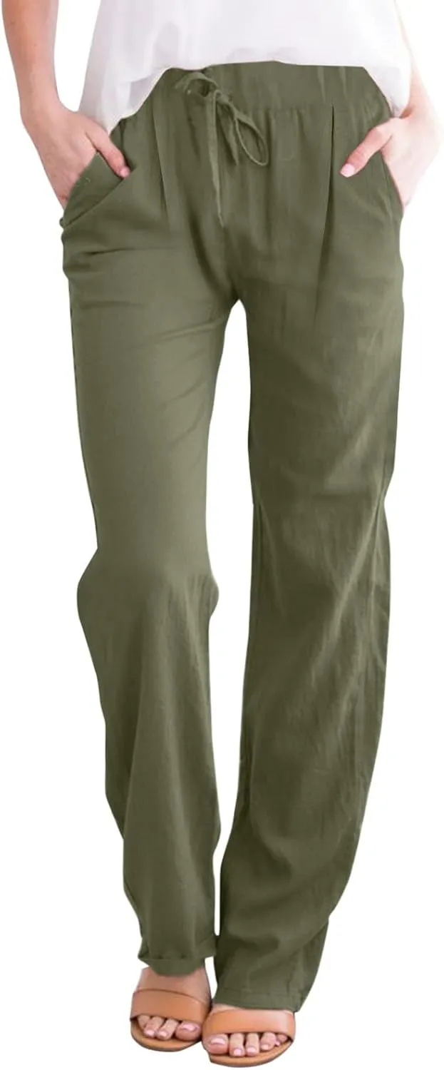 Womens Linen Summer Y2K Streetwear Palazzo Lounge Pants Low Waist Baggy Stretchy Loose Fit Trouser Business Work