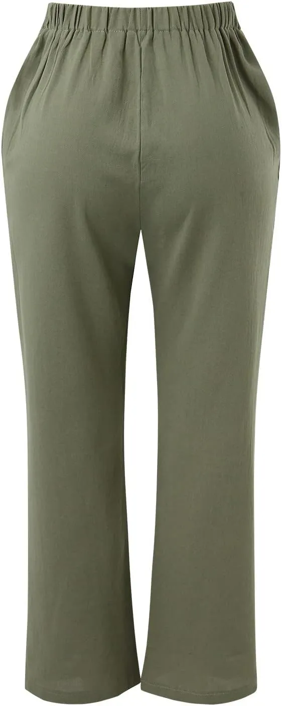 Womens Linen Summer Y2K Streetwear Palazzo Lounge Pants Low Waist Baggy Stretchy Loose Fit Trouser Business Work