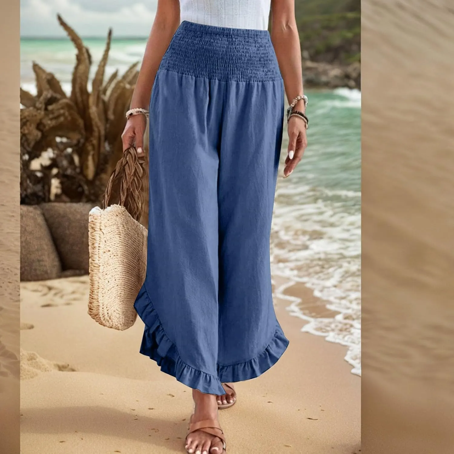 Women's Palazzo Pants Casual Summer Smocked Waisted Linen Pants Trendy Ruffle Hem Wide Leg Trousers Loose Beach Pant
