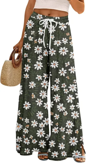 Women's Palazzo Pants Wide Leg Loose Floral Lounge Pants Boho Beach Drawstring Slacks with Pockets