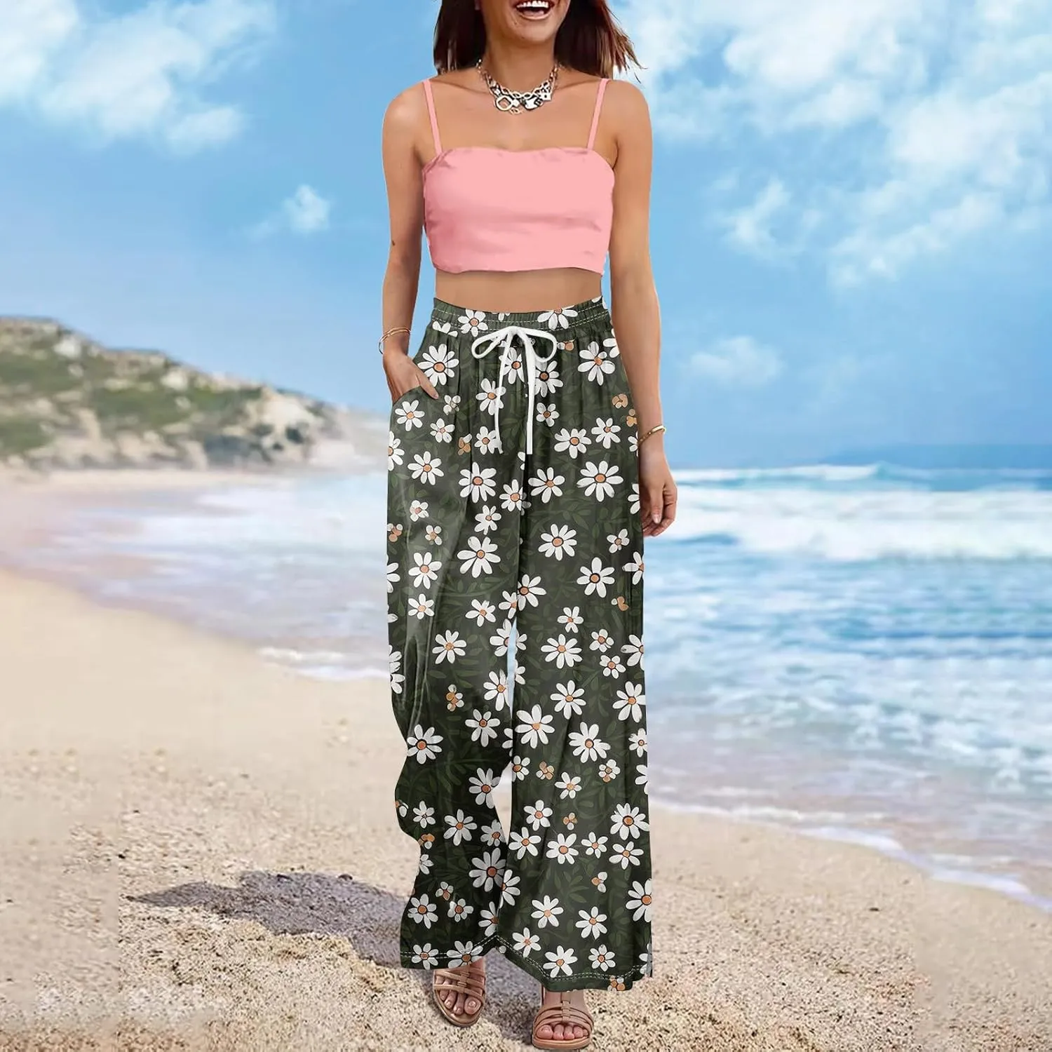 Women's Palazzo Pants Wide Leg Loose Floral Lounge Pants Boho Beach Drawstring Slacks with Pockets
