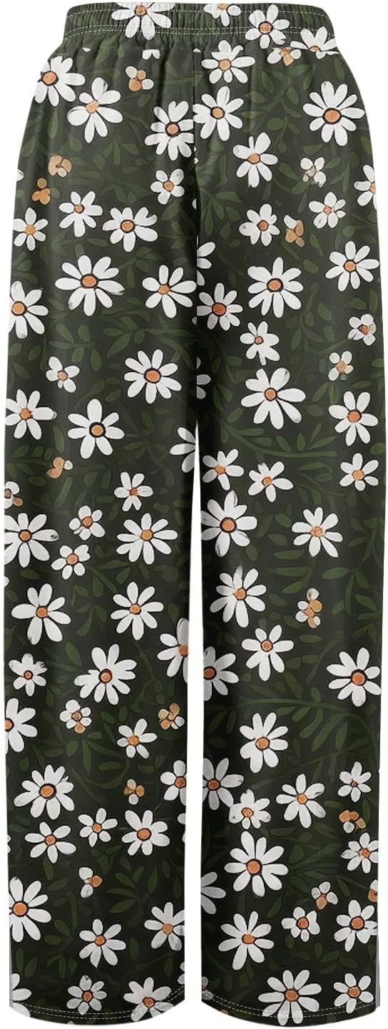 Women's Palazzo Pants Wide Leg Loose Floral Lounge Pants Boho Beach Drawstring Slacks with Pockets
