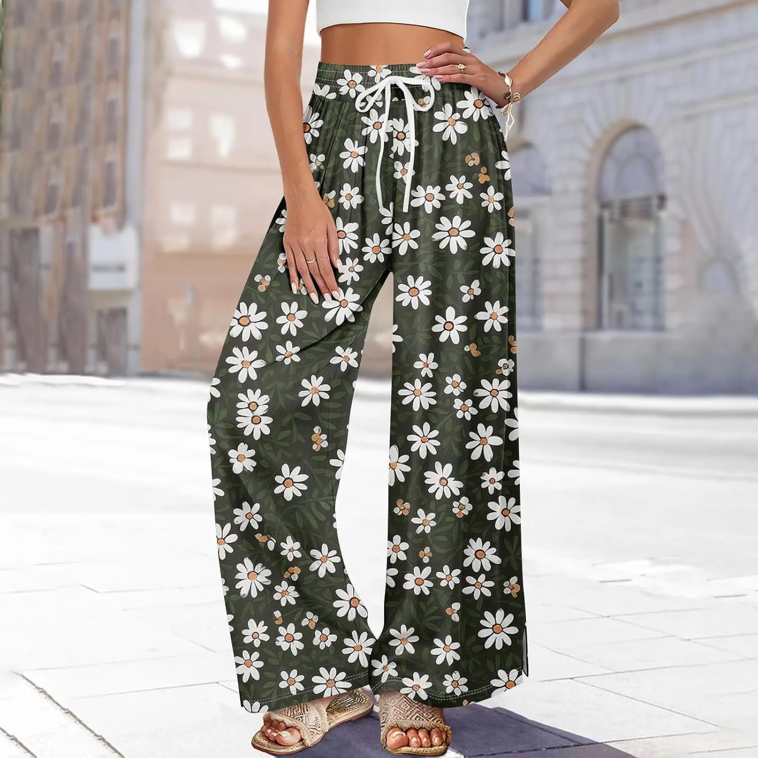 Women's Palazzo Pants Wide Leg Loose Floral Lounge Pants Boho Beach Drawstring Slacks with Pockets