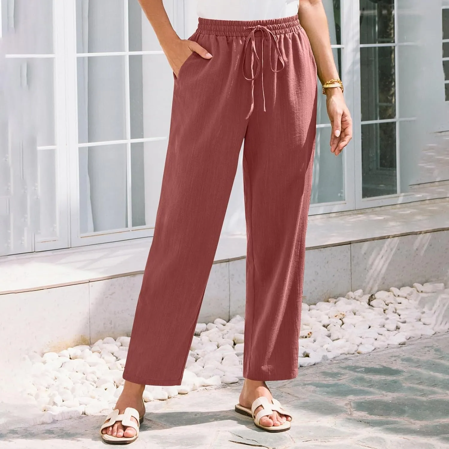 Womens Pants, Straight Leg Casual Pants Linen Everyday Peasant Solid Color Wide