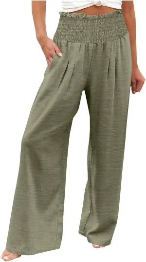 Women's Pants Summer High Waisted Wide Leg Trousers Loose Cotton Linen Palazzo Pant Casual Slacks Vacation Outfits