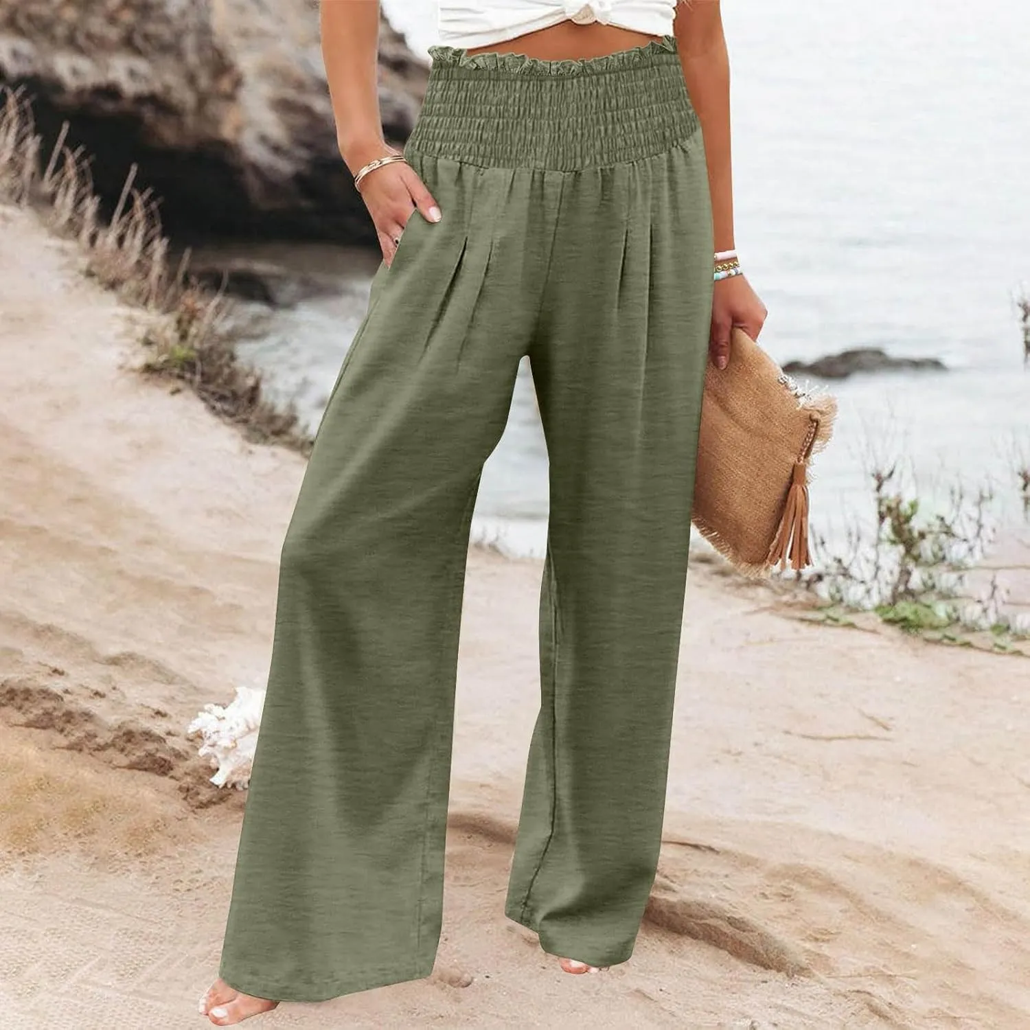 Women's Pants Summer High Waisted Wide Leg Trousers Loose Cotton Linen Palazzo Pant Casual Slacks Vacation Outfits