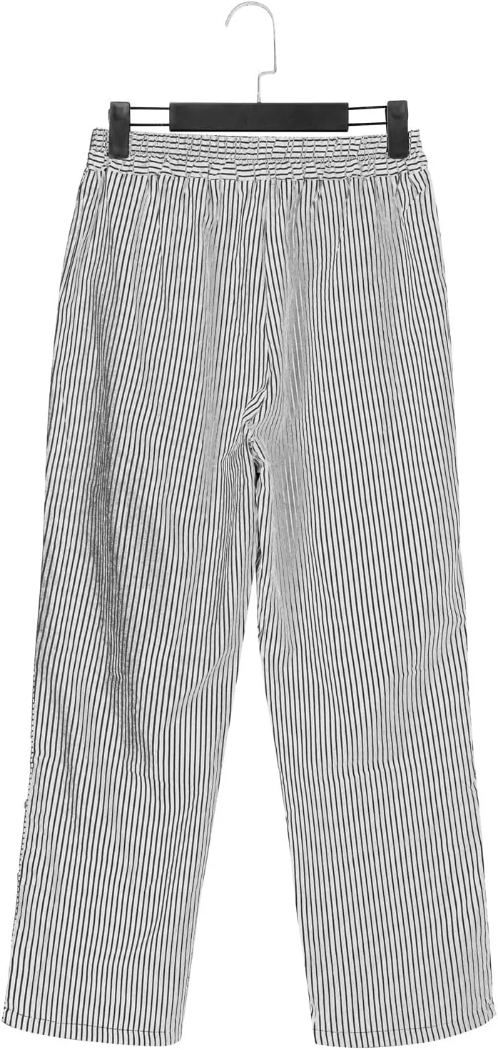 Womens Plaid Pants Linen Striped Elastic Waistband High Waistband Pocket Pants Side Summer Boho Wide Leg High Waist