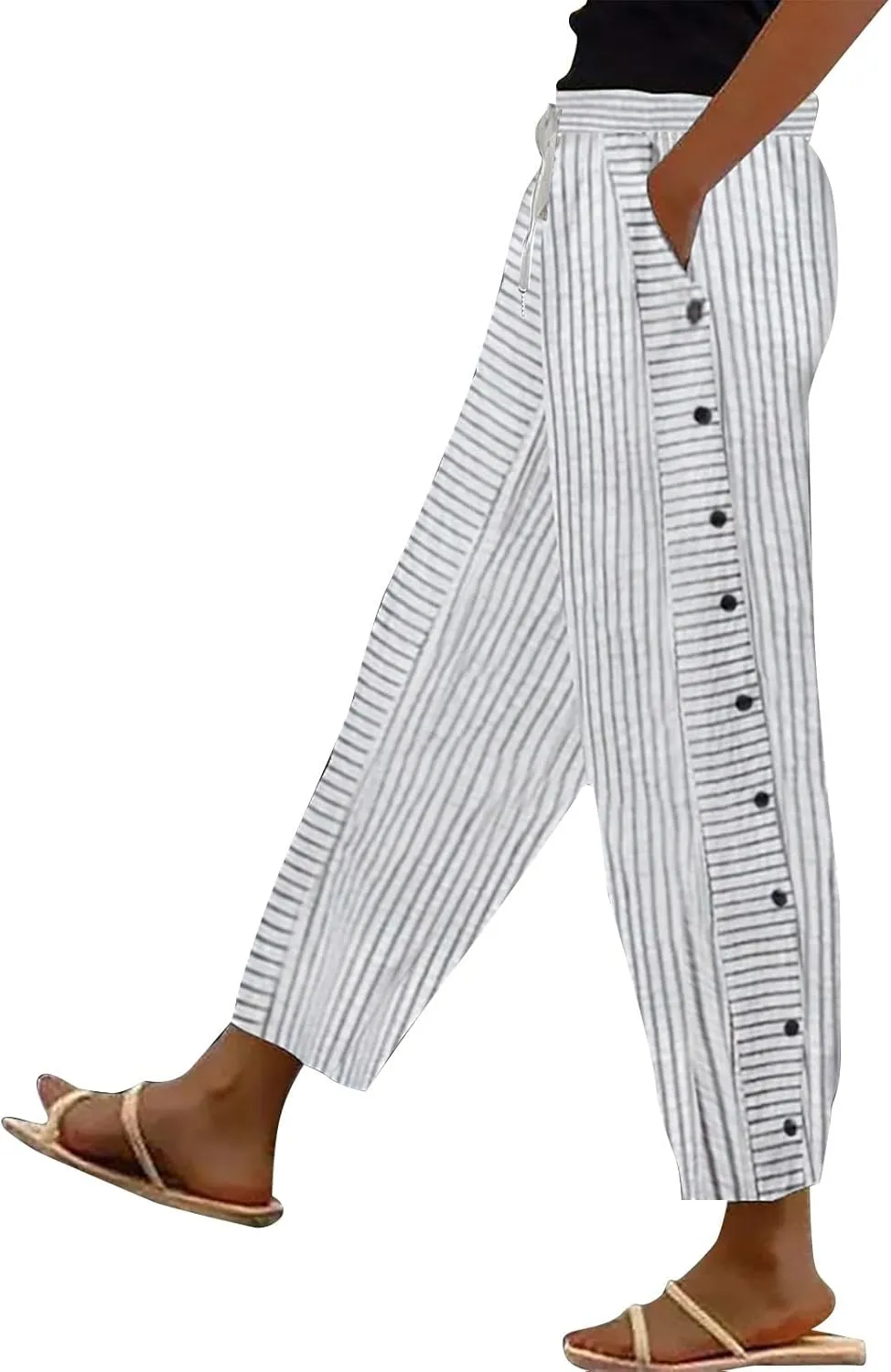 Womens Plaid Pants Linen Striped Elastic Waistband High Waistband Pocket Pants Side Summer Boho Wide Leg High Waist