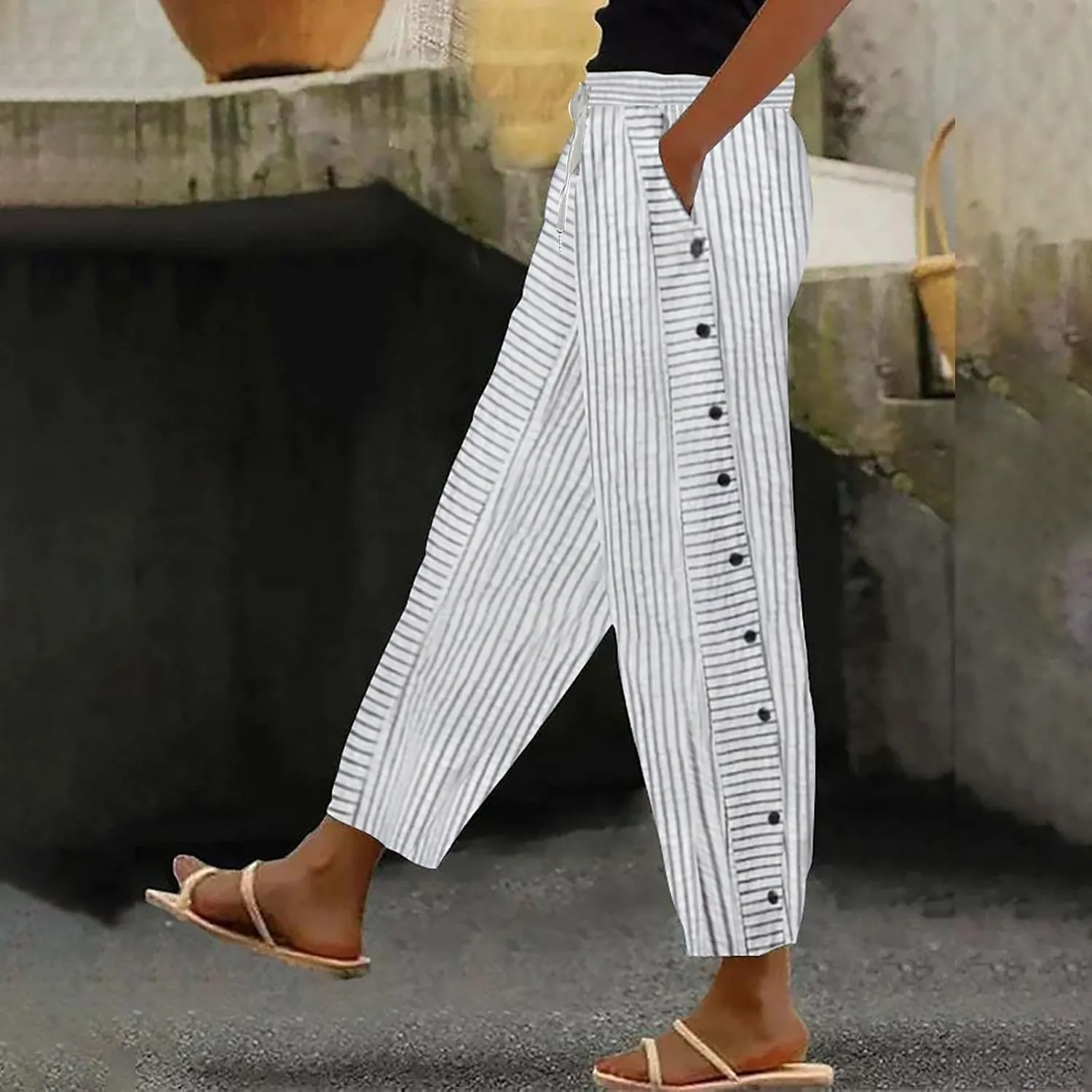 Womens Plaid Pants Linen Striped Elastic Waistband High Waistband Pocket Pants Side Summer Boho Wide Leg High Waist