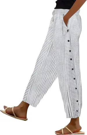 Womens Plaid Pants Linen Striped Elastic Waistband High Waistband Pocket Pants Side Summer Boho Wide Leg High Waist
