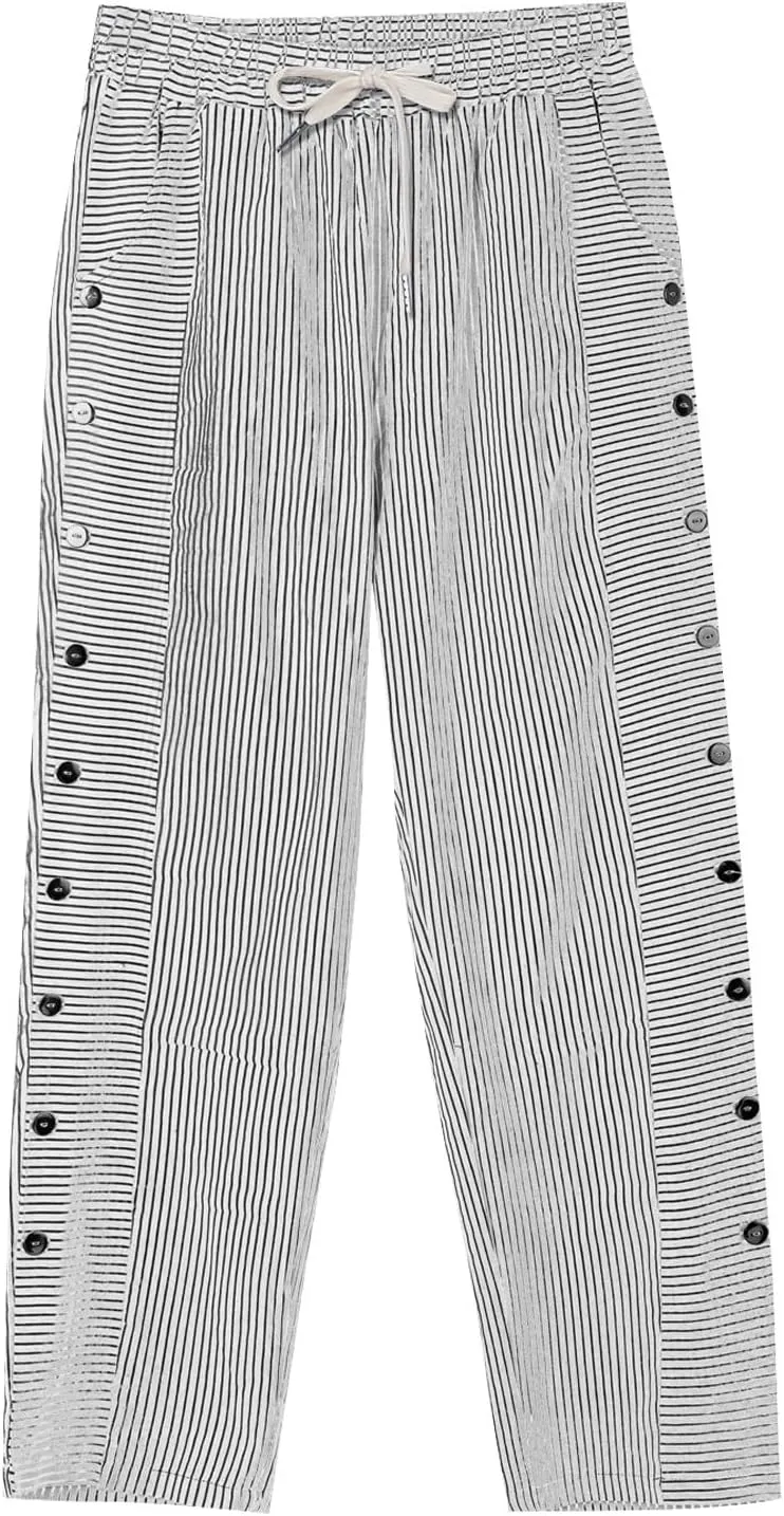 Womens Plaid Pants Linen Striped Elastic Waistband High Waistband Pocket Pants Side Summer Boho Wide Leg High Waist