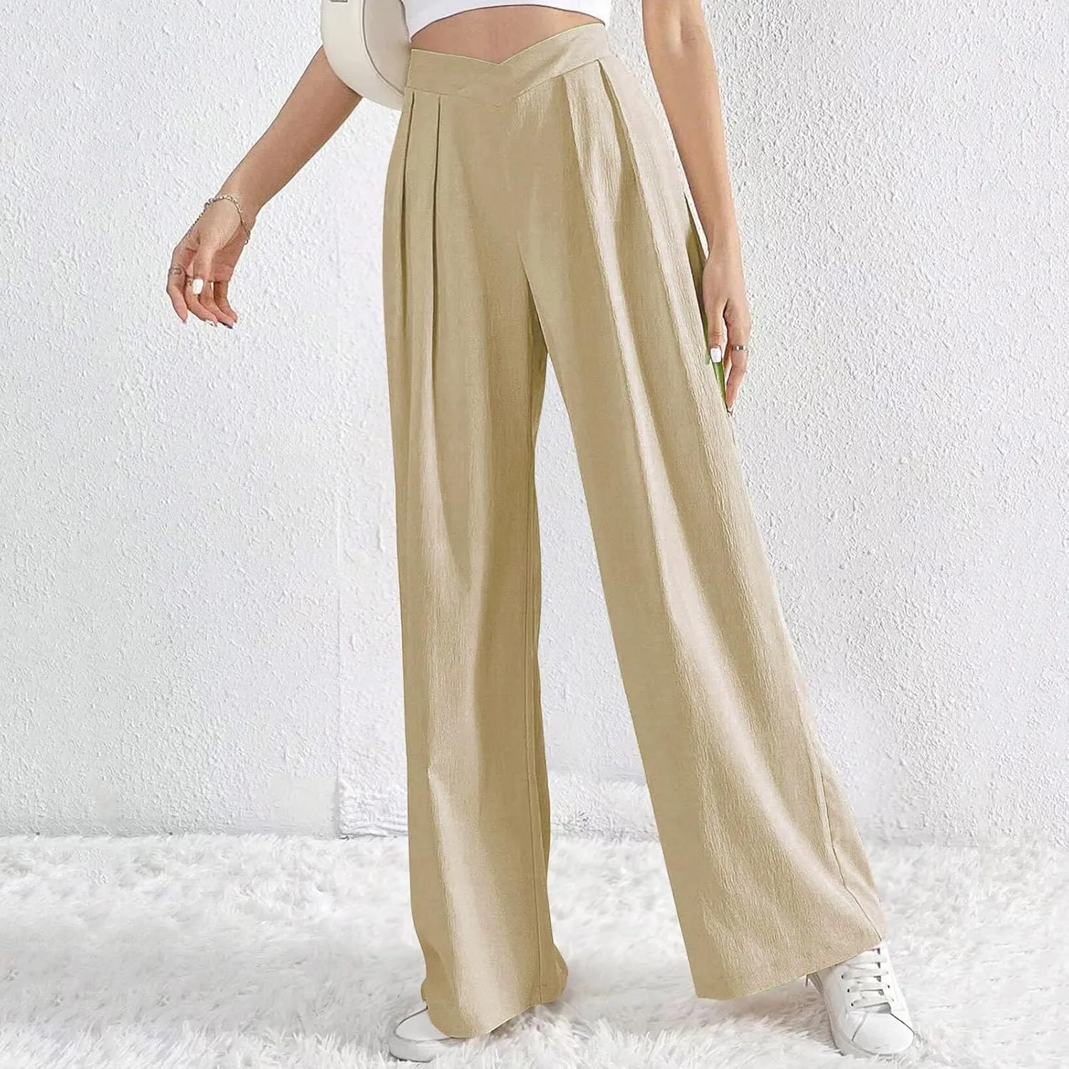 Womens Plus Size Wide Leg Pants Crossover Waist Pleated Front Work Business Casual Pant Lounge Slacks Trouser Pockets