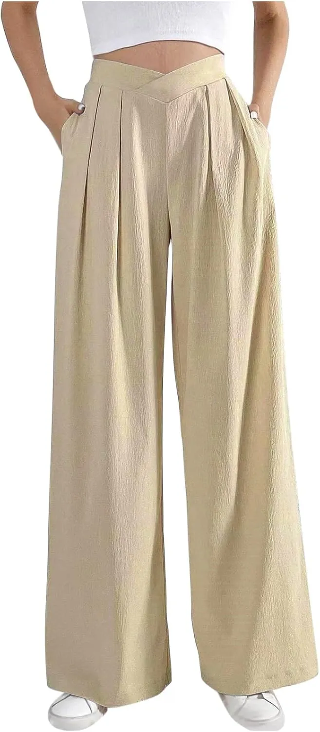 Womens Plus Size Wide Leg Pants Crossover Waist Pleated Front Work Business Casual Pant Lounge Slacks Trouser Pockets