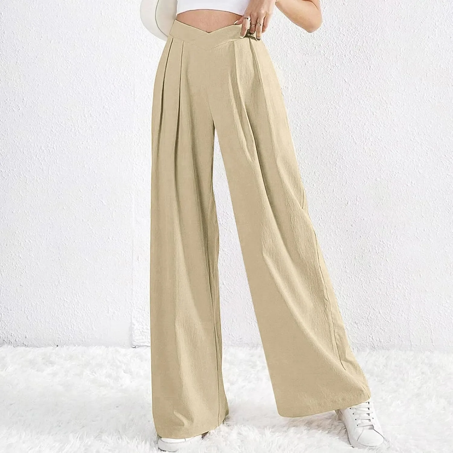 Womens Plus Size Wide Leg Pants Crossover Waist Pleated Front Work Business Casual Pant Lounge Slacks Trouser Pockets