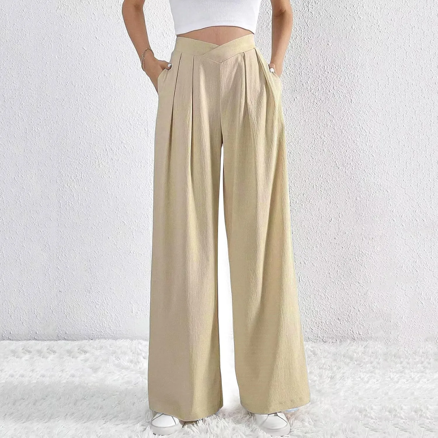 Womens Plus Size Wide Leg Pants Crossover Waist Pleated Front Work Business Casual Pant Lounge Slacks Trouser Pockets