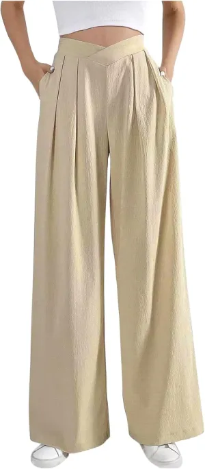Womens Plus Size Wide Leg Pants Crossover Waist Pleated Front Work Business Casual Pant Lounge Slacks Trouser Pockets