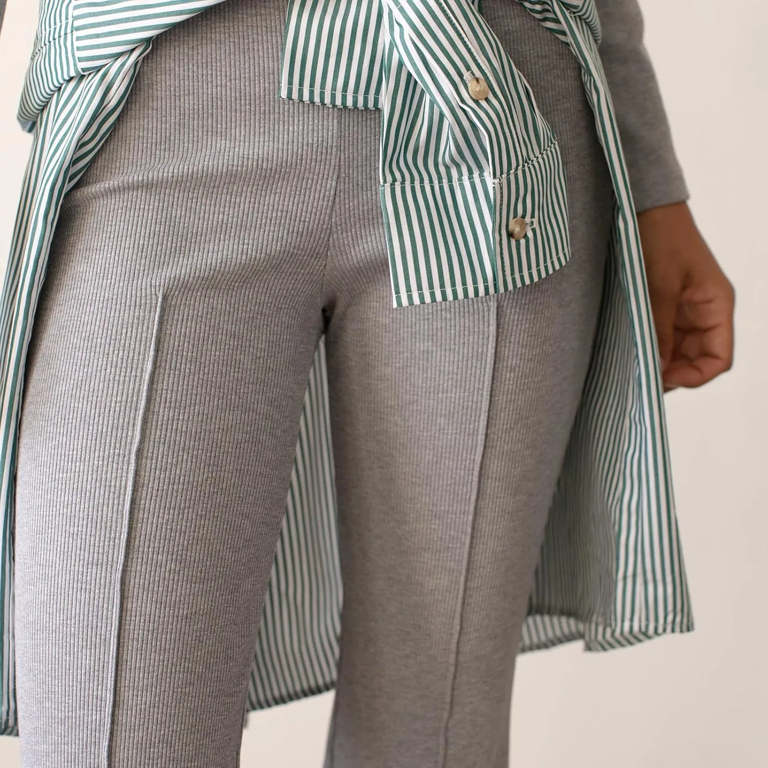 Women's Rib Flare Pants Elastic High Waist Seamed Creases Bell Bottom Trousers Workout Sweatpants