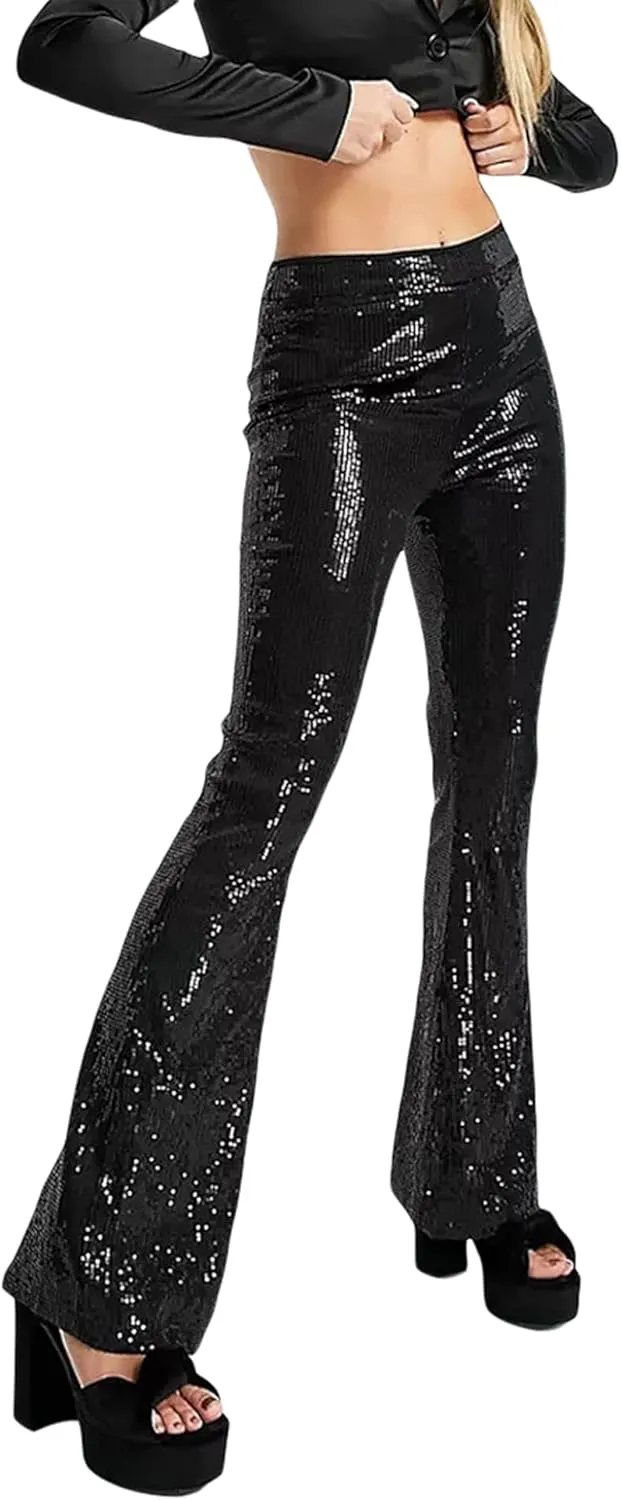 Womens Sequin Flare Pants High Waist Glitter Wide Leg Bell Bottom Leggings Party Trousers