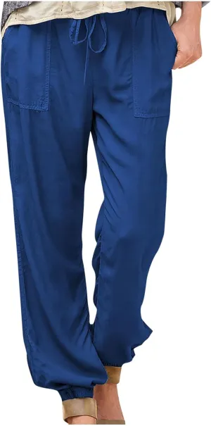 Women's Solid Cotton Linen Long Pants - Drawstring Waist Tapered Straight Leg Casual Loose Fit Trousers 2025 Summer