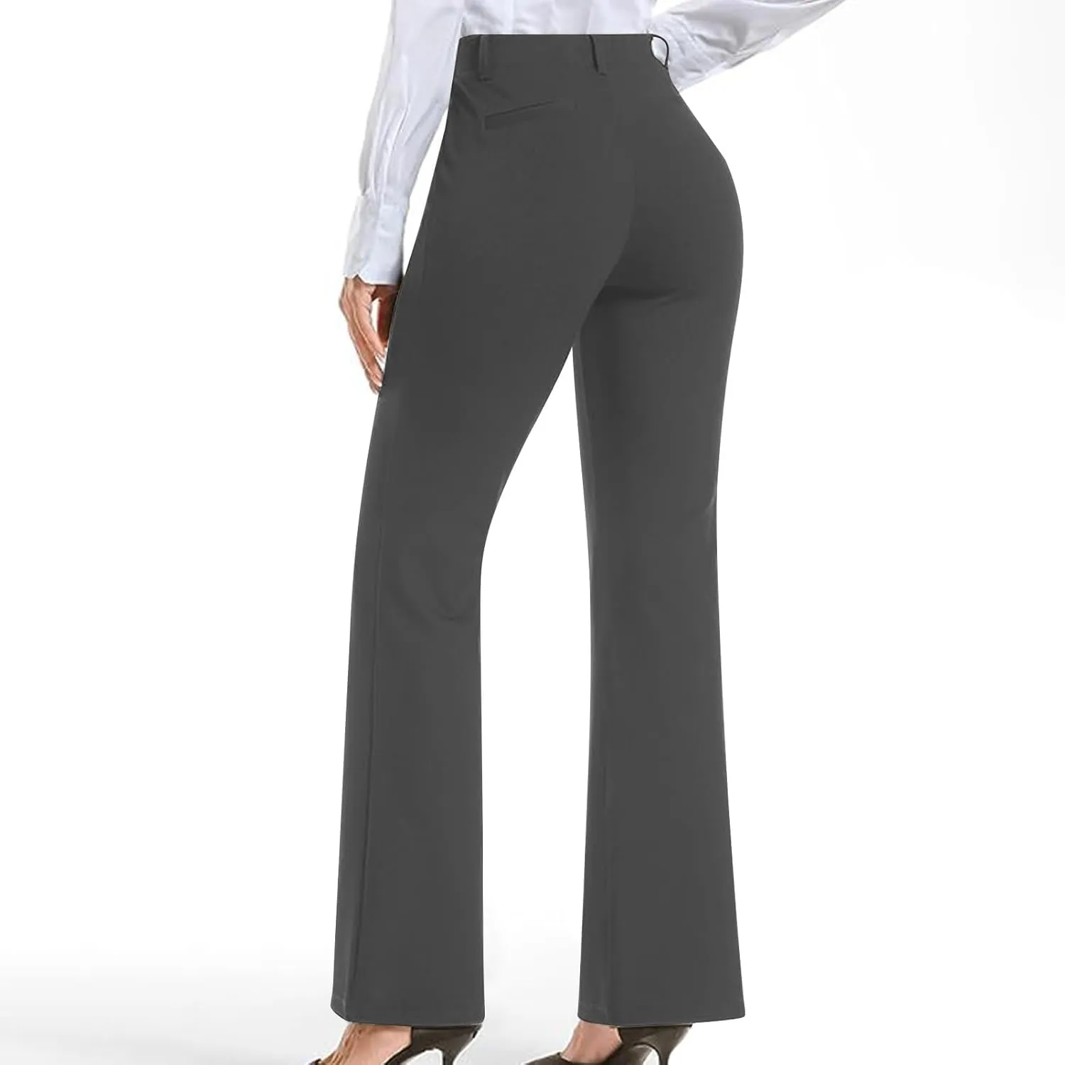 Womens Suit Pants Casual Elastic High Waist Button Wide Leg Pants Businenss Solid Color Bootcut Trouser with Pockets
