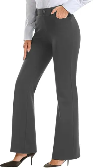 Womens Suit Pants Casual Elastic High Waist Button Wide Leg Pants Businenss Solid Color Bootcut Trouser with Pockets