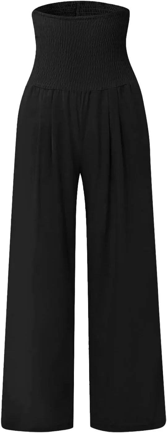 Womens Summer Cotton Linen Palazzo Pants High Waisted Slit Wide Leg Baggy Casual Long Beach Flowy Lounge Trousers