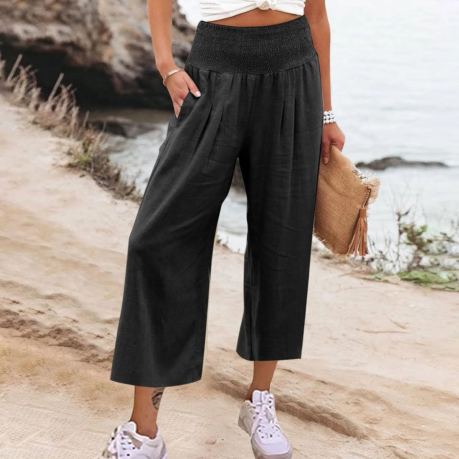 Womens Summer Cotton Linen Palazzo Pants High Waisted Slit Wide Leg Baggy Casual Long Beach Flowy Lounge Trousers