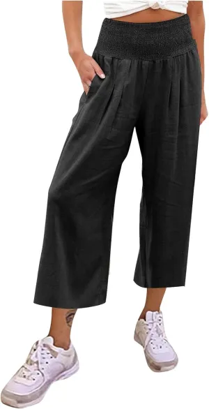 Womens Summer Cotton Linen Palazzo Pants High Waisted Slit Wide Leg Baggy Casual Long Beach Flowy Lounge Trousers