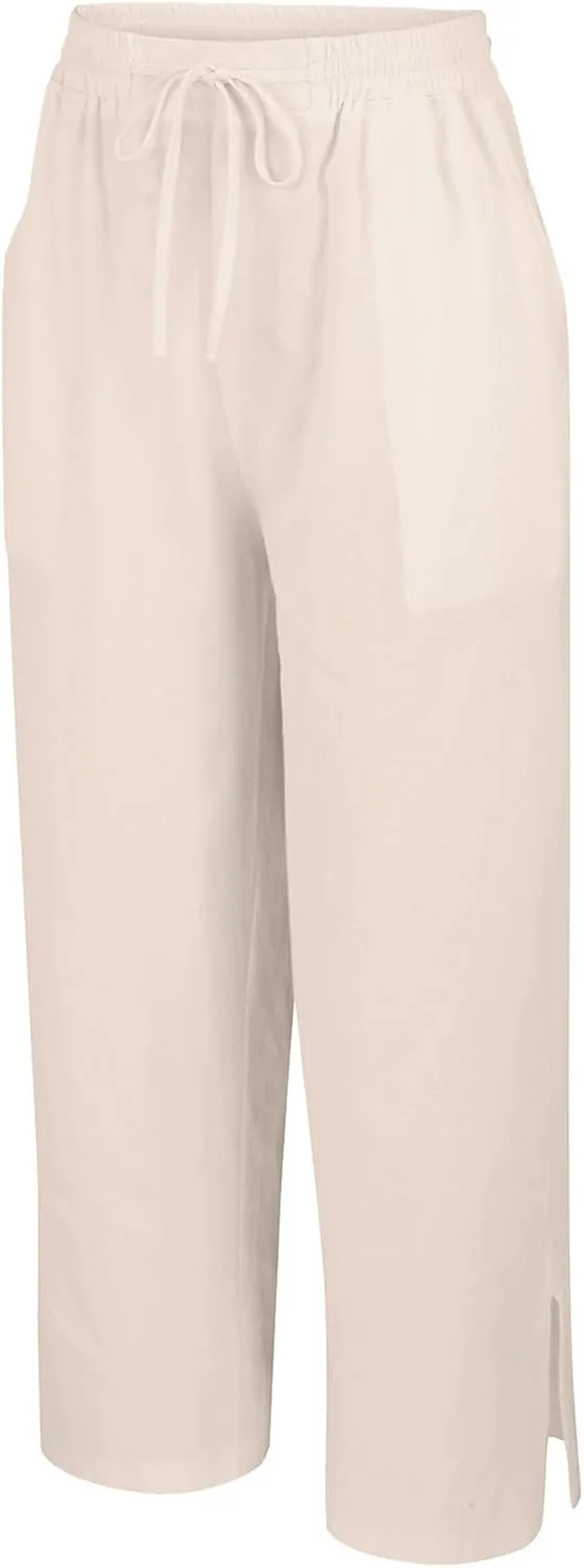 Womens Summer Cotton Linen Pants 2025 Trendy Side Slit Ankle Wide Leg Beach Trousers Elastic Waist Drawstring Slacks