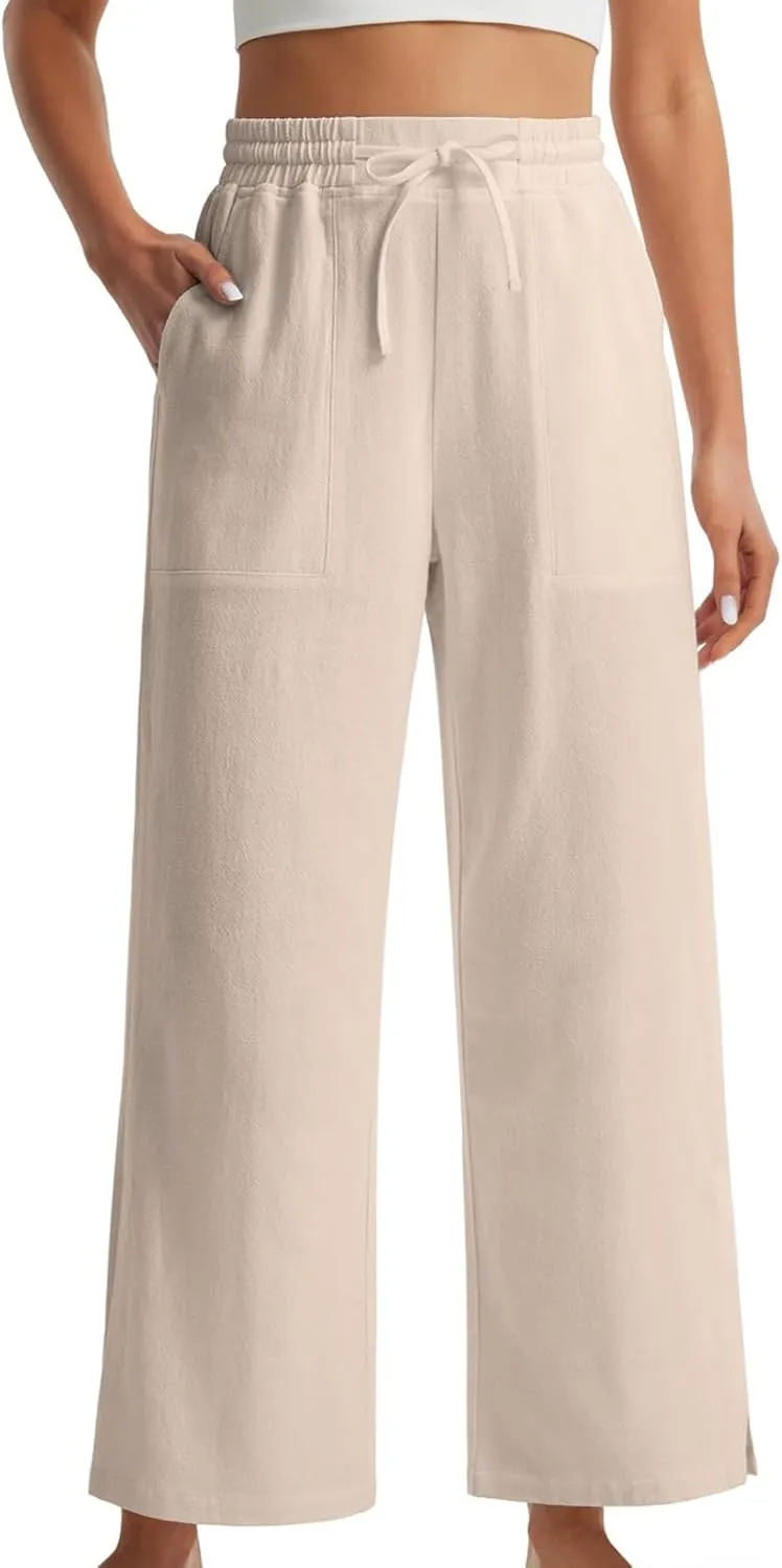 Womens Summer Cotton Linen Pants 2025 Trendy Side Slit Ankle Wide Leg Beach Trousers Elastic Waist Drawstring Slacks