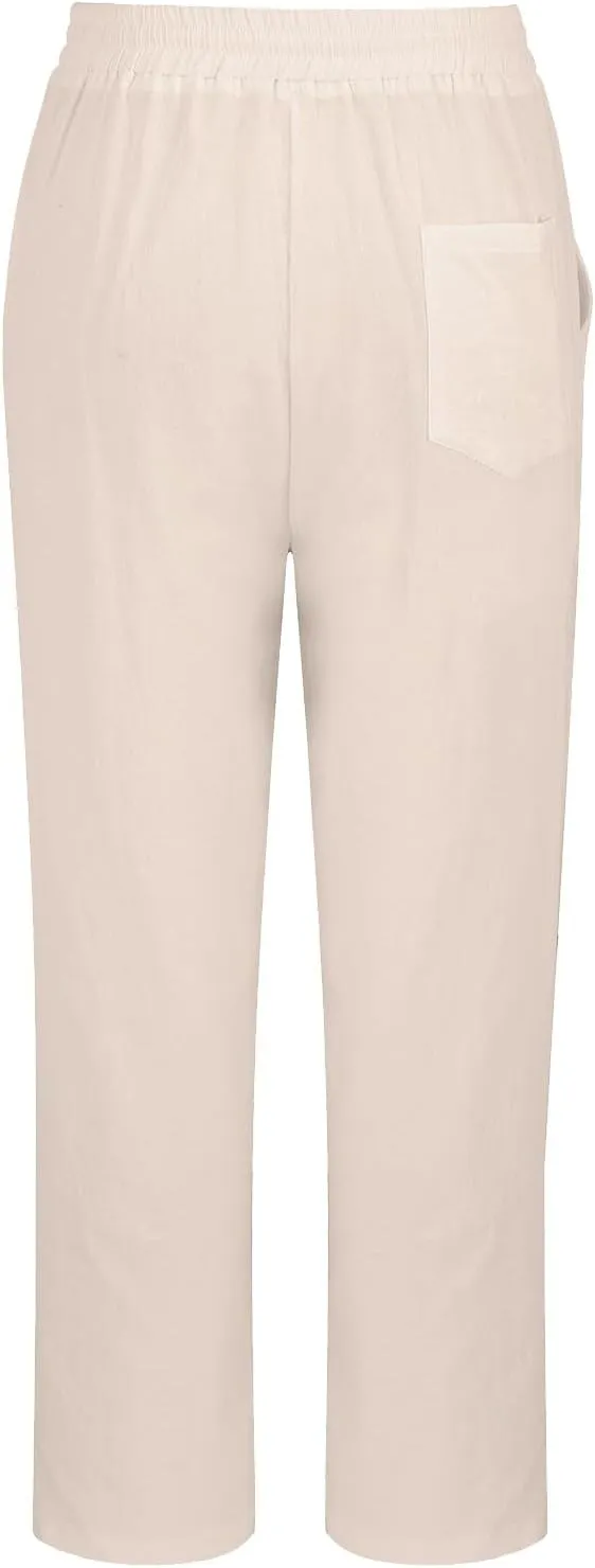 Womens Summer Cotton Linen Pants 2025 Trendy Side Slit Ankle Wide Leg Beach Trousers Elastic Waist Drawstring Slacks