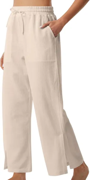 Womens Summer Cotton Linen Pants 2025 Trendy Side Slit Ankle Wide Leg Beach Trousers Elastic Waist Drawstring Slacks