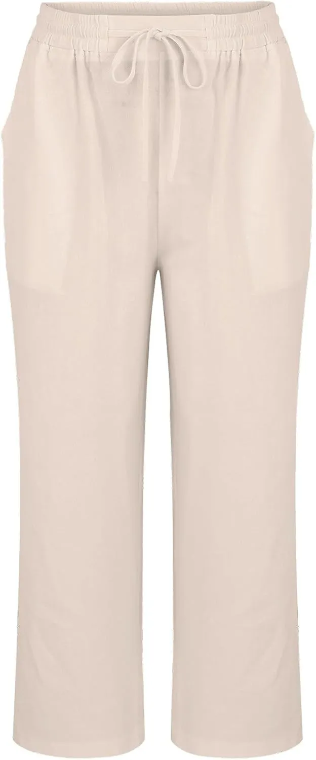Womens Summer Cotton Linen Pants 2025 Trendy Side Slit Ankle Wide Leg Beach Trousers Elastic Waist Drawstring Slacks